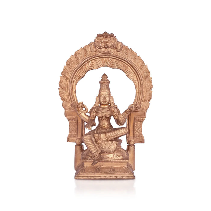 Saraswati sitting on Base Murti - 10 x 7 inches | Panchaloha Idol / Vagdevi with arch Statue for pooja - Panchaloha Murties