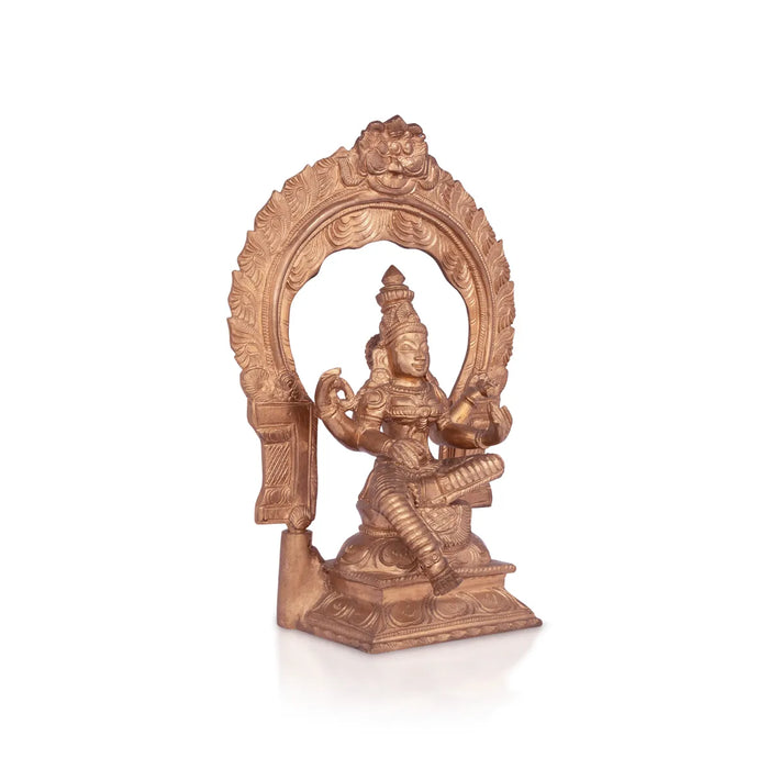 Saraswati sitting on Base Murti - 10 x 7 inches | Panchaloha Idol / Vagdevi with arch Statue for pooja - Panchaloha Murties