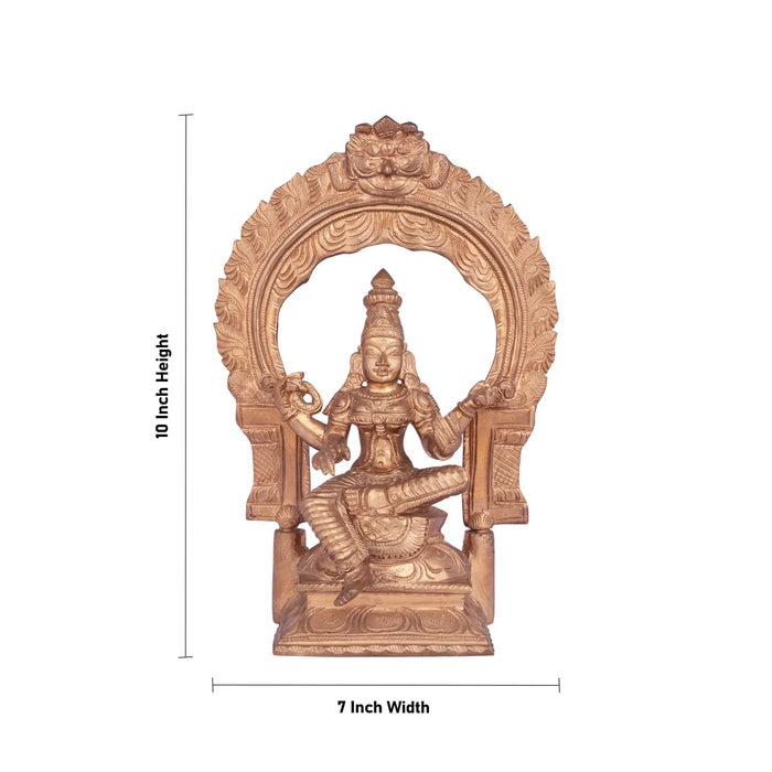 Saraswati sitting on Base Murti - 10 x 7 inches | Panchaloha Idol / Vagdevi with arch Statue for pooja - Panchaloha Murties