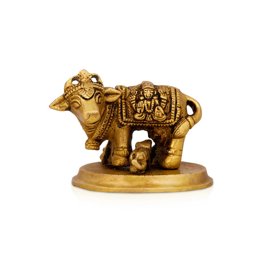 Cow With Calf Idol - 2.5 x 2.5 Inches | Kamadhenu Statue/ Antique Brass Idol for Pooja/ 250 Gms Approx - Table Stand Accessories
