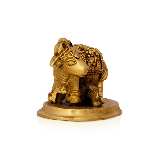 Cow With Calf Idol - 2.5 x 2.5 Inches | Kamadhenu Statue/ Antique Brass Idol for Pooja/ 250 Gms Approx - Table Stand Accessories
