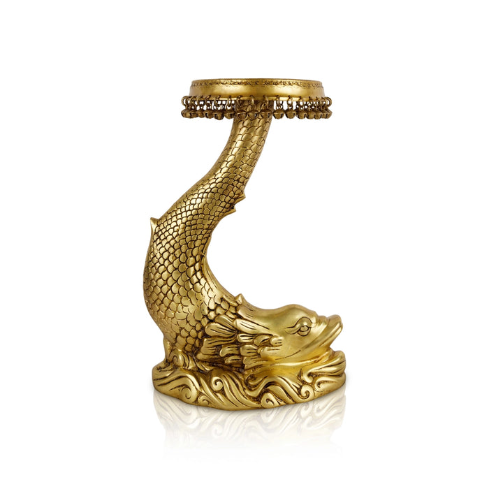 Fish Design Pooja Stand - 20 x 13 Inches | Antique Polish Stool/ Ghungroo & Brass Stand for Deity - Pooja Aasan & Bajot & Pooja Mat