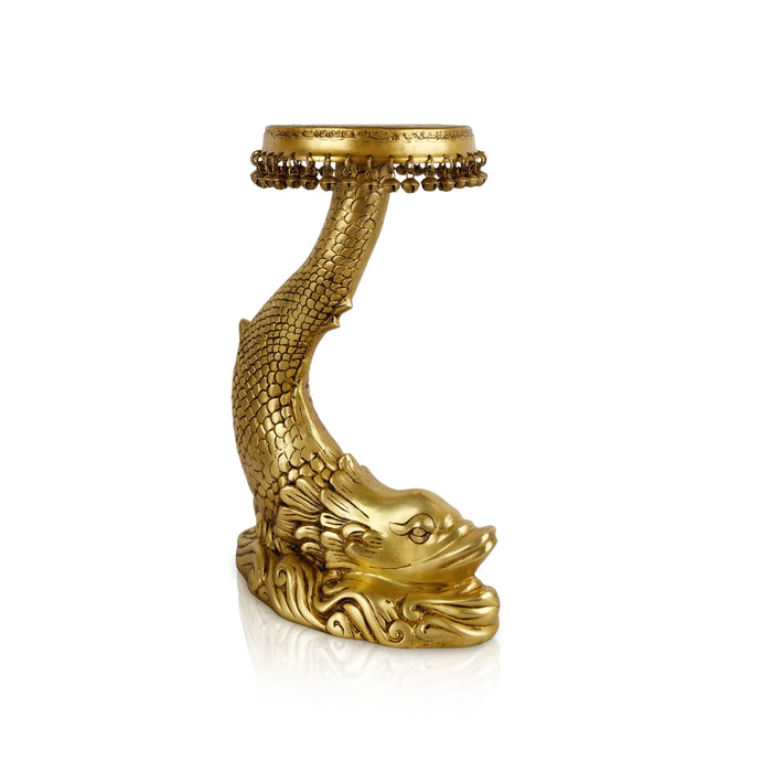 Fish Design Pooja Stand - 20 x 13 Inches | Antique Polish Stool/ Ghungroo & Brass Stand for Deity - Pooja Aasan & Bajot & Pooja Mat