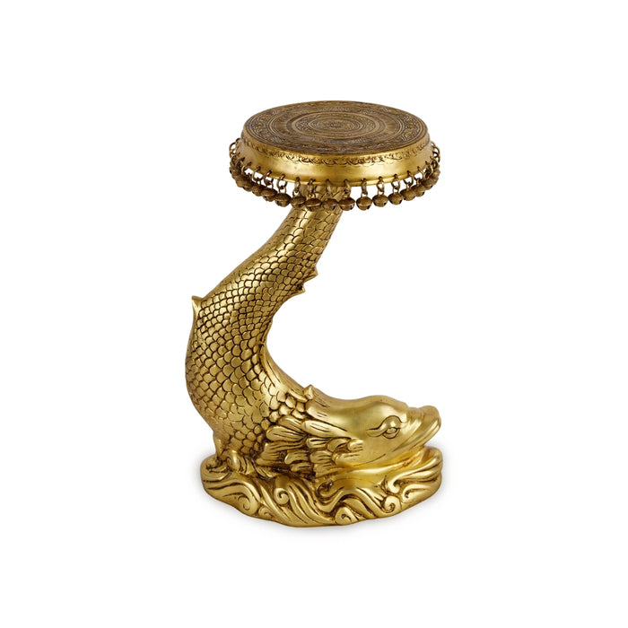 Fish Design Pooja Stand - 20 x 13 Inches | Antique Polish Stool/ Ghungroo & Brass Stand for Deity - Pooja Aasan & Bajot & Pooja Mat