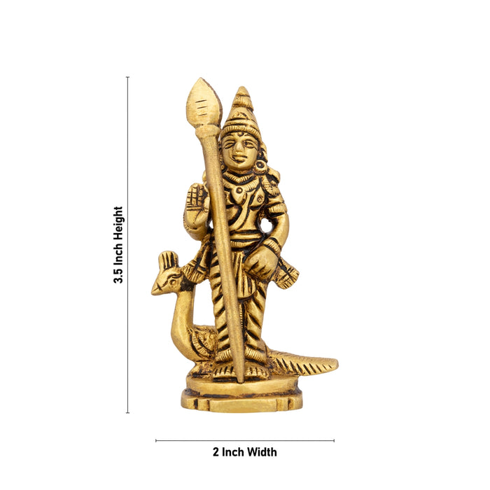 Murugan Standing On Base Murti - 3.5 x 2 Inches | Antique Brass Idol / Karthikeya Statue For Home & Pooja - Brass Murties