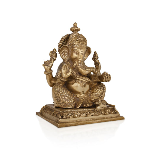 Ganesha sitting On Square Base Murti- 10 x 7 Inches | Antique Brass Idol/ Ganapathi Statue Decor for Home & Pooja - Brass Murties