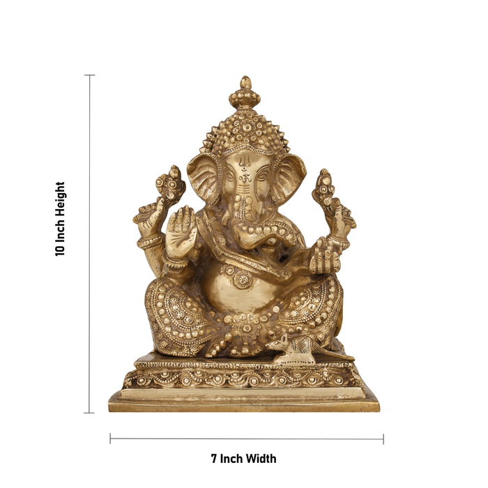 Ganesha sitting On Square Base Murti- 10 x 7 Inches | Antique Brass Idol/ Ganapathi Statue Decor for Home & Pooja - Brass Murties
