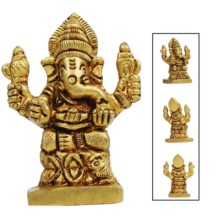 Ganesh Murti - Square - 2.5 Inches | Antique Statue / Vinayagar Statue/ Ganesha Idol for Pooja - Brass Murties