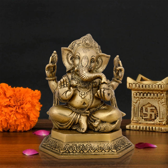 Ganesh Murti - 7.5 x 5.5 Inches | Antique Brass Idol/ Vinayaka Statue/ Ganpati Idol for Pooja/ 2.800 Kgs Approx - Brass Murties