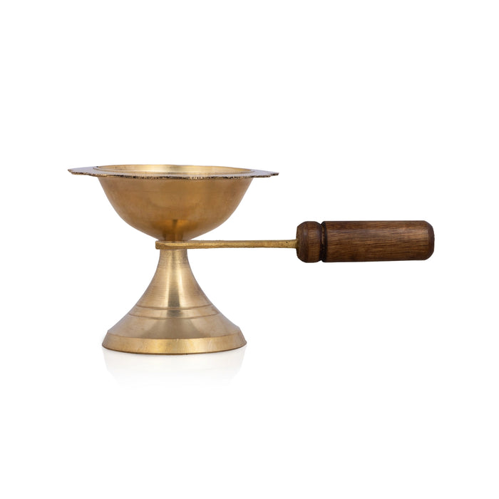 Sambrani Burner with Wooden Handle - 2 x 5 Inches | Brass Dhoopkal/ Dhoop Dhani for Pooja/ 60 Gms Approx - Sambrani Stand