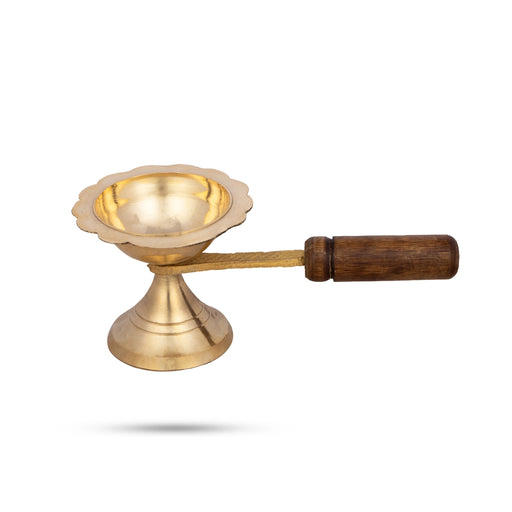 Sambrani Burner with Wooden Handle - 2 x 5 Inches | Brass Dhoopkal/ Dhoop Dhani for Pooja/ 60 Gms Approx - Sambrani Stand