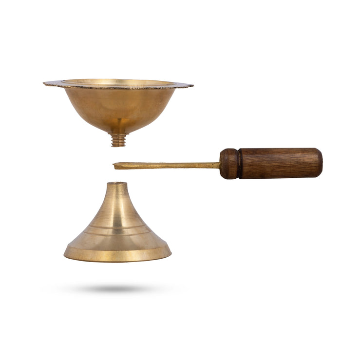 Sambrani Burner With Wooden Handle - 2.25 x 6 Inches | Dhoop Dhani/ Brass Dhoopakal for Pooja - Sambrani Stand