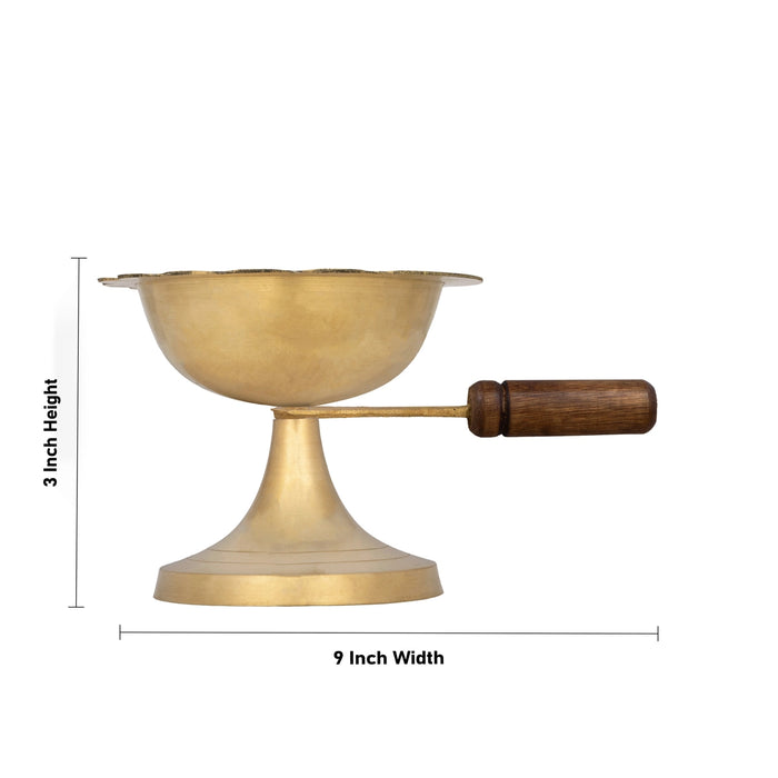Sambrani Burner With Wooden Handle - 3 x 9 Inches | Dhoop Dhani/ Brass Dhoopakal for Pooja - Sambrani Stand