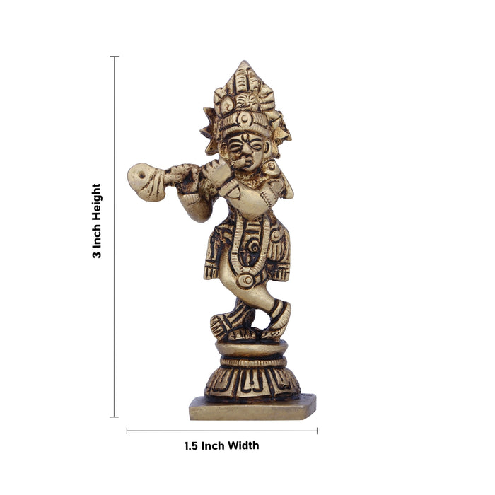 Krishna Murti - 3 x 1.5 Inches | Krishna Statue/ Antique Brass Idol/ Standing Krishna Idol for Pooja/ 120 Gms - Brass Murties