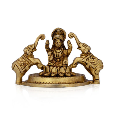 Gajalakshmi Idol Sitting On Flower Base - 2.5 x 3.75 Inches | Antique Brass Idol/ Gajalaxmi Murti for Pooja