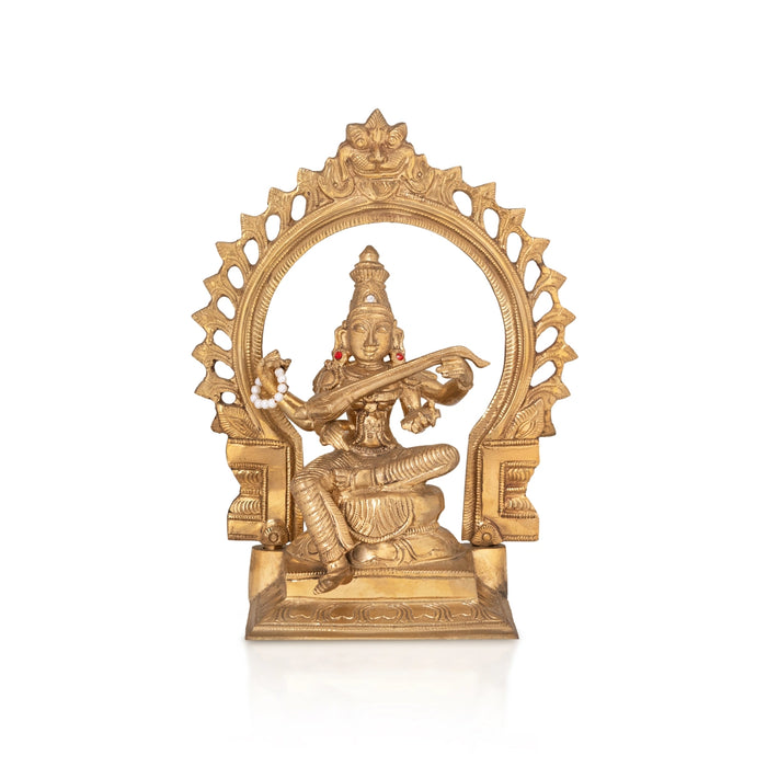 Saraswati Sitting on Base with Arch Murti - 9.5 x 7.5 inches | Panchaloha Idol / Vagdevi Statue for pooja - Panchaloha Murties