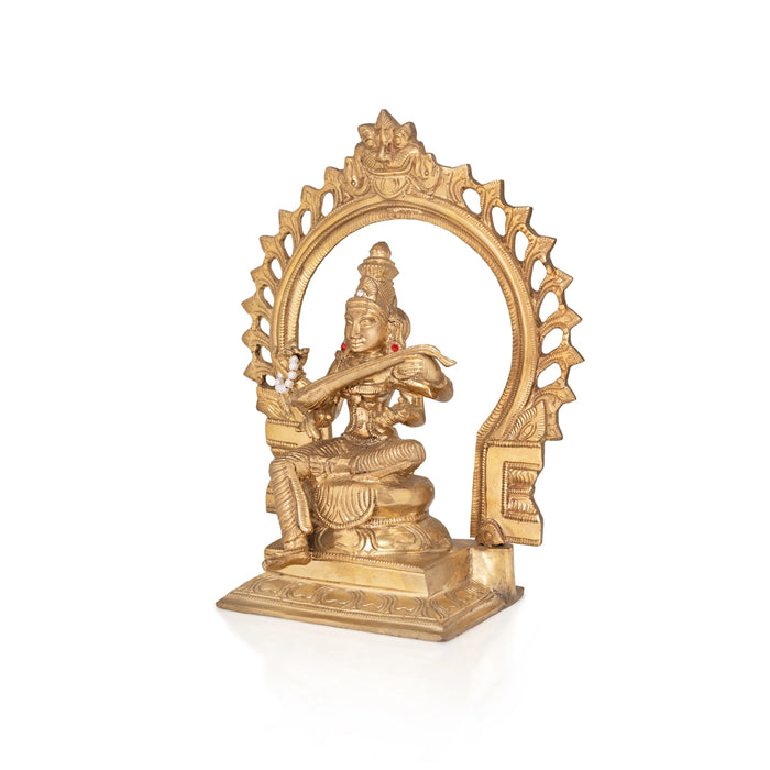 Saraswati Sitting on Base with Arch Murti - 9.5 x 7.5 inches | Panchaloha Idol / Vagdevi Statue for pooja - Panchaloha Murties