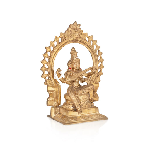 Saraswati Sitting on Base with Arch Murti - 9.5 x 7.5 inches | Panchaloha Idol / Vagdevi Statue for pooja - Panchaloha Murties