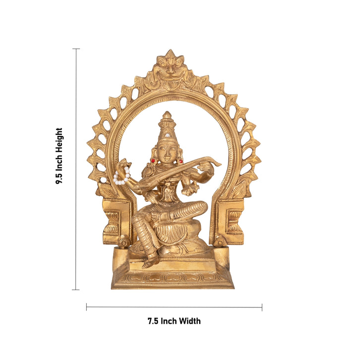 Saraswati Sitting on Base with Arch Murti - 9.5 x 7.5 inches | Panchaloha Idol / Vagdevi Statue for pooja - Panchaloha Murties