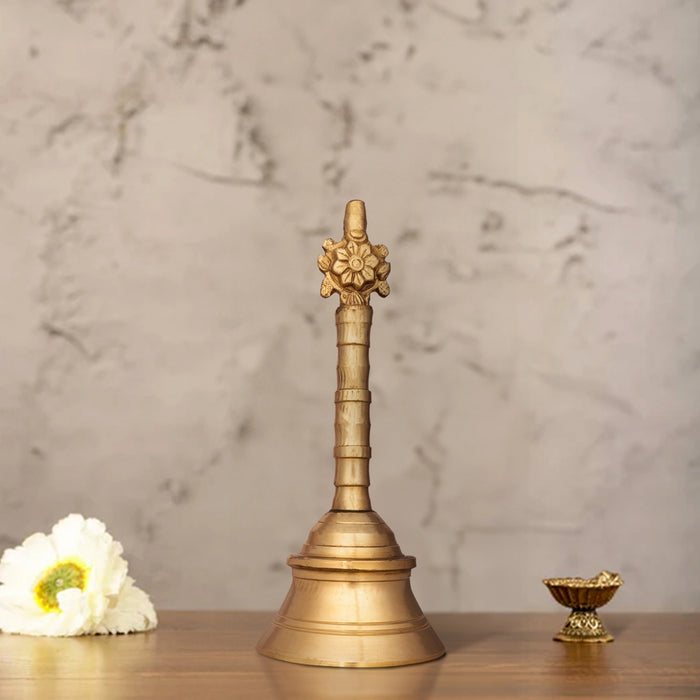Brass Hand Bell - 8 x 3.5 Inches | Brass Bell/ Shankh Chakra Handle Pooja Bell for Home/ 760 Gms Approx - Pooja Bells