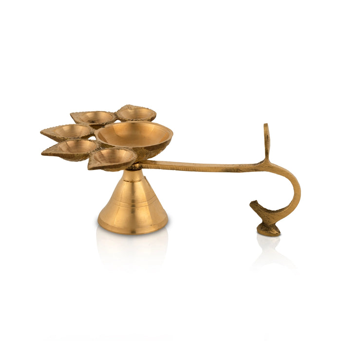 Panch Aarti Diya With Handle - 2.25 x 6 Inches | Panch Mukhi Diya/ Brass Aarti for Pooja/ 210 Gms Approx - Kapur Aarti