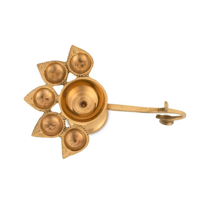 Panch Aarti Diya With Handle - 2.25 x 6 Inches | Panch Mukhi Diya/ Brass Aarti for Pooja/ 210 Gms Approx - Kapur Aarti
