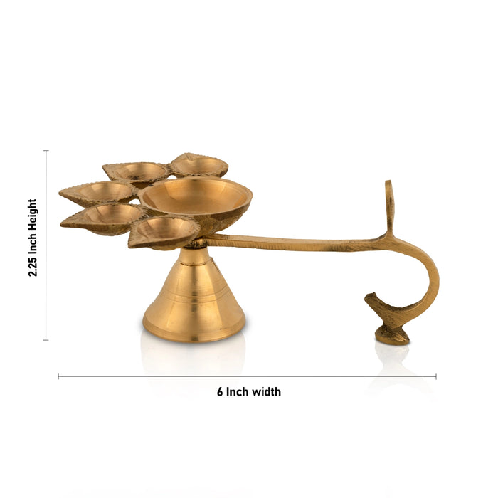 Panch Aarti Diya With Handle - 2.25 x 6 Inches | Panch Mukhi Diya/ Brass Aarti for Pooja/ 210 Gms Approx - Kapur Aarti