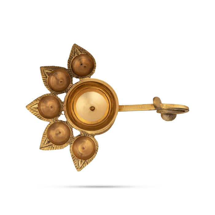 Panch Aarti Diya - 3 x 7.5 Inches | Brass Panch Mukhi Diya/ Pancharti Diya for Pooja/ 330 Gms Approx - Kapur Aarti