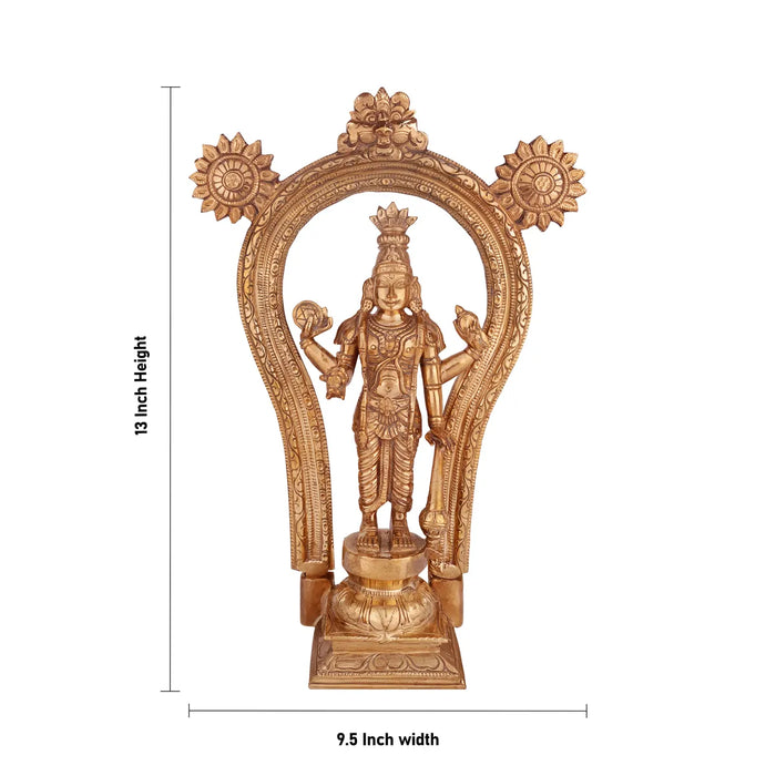Guruvayurappan Standing On Base Murti- 13 x 9.5 Inches|Panchaloha Idol/ Guruvayurappa statue With Arch for Pooja - Panchaloha Murties