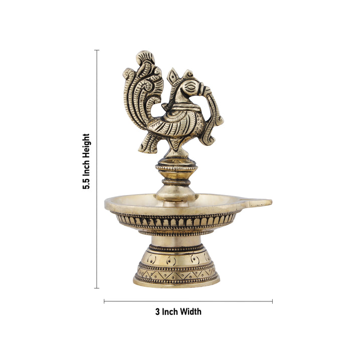 Kuthu Villaku - 5.5 x 3 Inches | Antique Brass Deep/ Annapakshi Design Brass Lamp for Pooja/ 630 Gms Approx - Kuthuvilakku