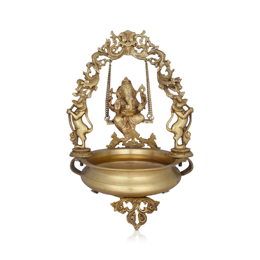 Brass Urli With Jhula Ganesh - 23 x 12 Inches | Antique Brass Uruli With Leg/ Flower Pot for Pooja/ 11.800 Kgs - Uruli & Flower Pot