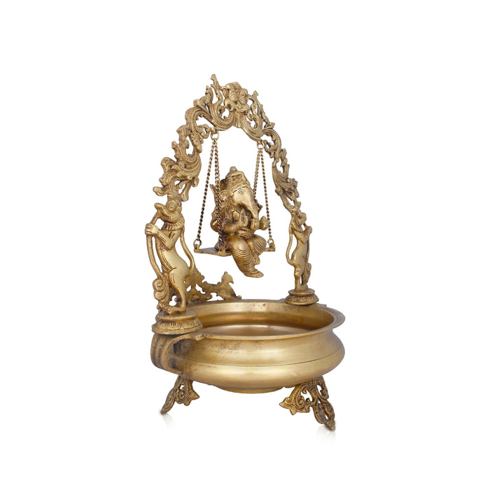 Brass Urli With Jhula Ganesh - 23 x 12 Inches | Antique Brass Uruli With Leg/ Flower Pot for Pooja/ 11.800 Kgs - Uruli & Flower Pot