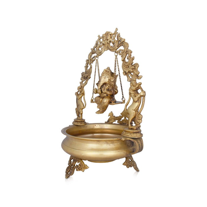 Brass Urli With Jhula Ganesh - 23 x 12 Inches | Antique Brass Uruli With Leg/ Flower Pot for Pooja/ 11.800 Kgs - Uruli & Flower Pot