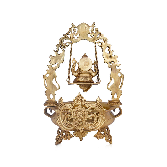 Brass Urli With Jhula Ganesh - 23 x 12 Inches | Antique Brass Uruli With Leg/ Flower Pot for Pooja/ 11.800 Kgs - Uruli & Flower Pot