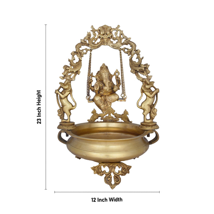 Brass Urli With Jhula Ganesh - 23 x 12 Inches | Antique Brass Uruli With Leg/ Flower Pot for Pooja/ 11.800 Kgs - Uruli & Flower Pot
