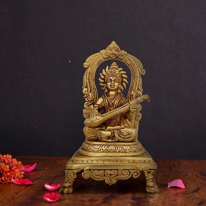 Saraswati Murti With Arch - 9 x 5 Inches | Antique Brass Idol/ Saraswati Idol Sittting On Chowki for Pooja/ 2.200 Kgs - Brass Murties