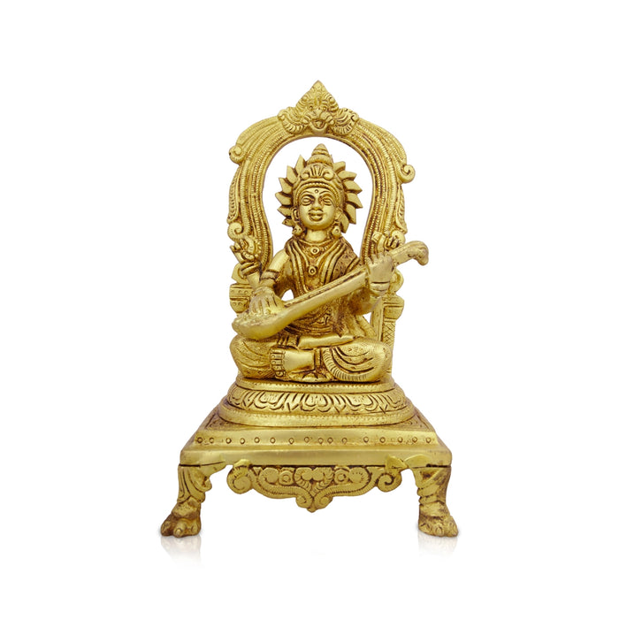 Saraswati Murti With Arch - 9 x 5 Inches | Antique Brass Idol/ Saraswati Idol Sittting On Chowki for Pooja/ 2.200 Kgs - Brass Murties