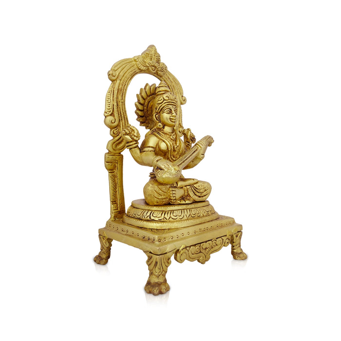 Saraswati Murti With Arch - 9 x 5 Inches | Antique Brass Idol/ Saraswati Idol Sittting On Chowki for Pooja/ 2.200 Kgs - Brass Murties