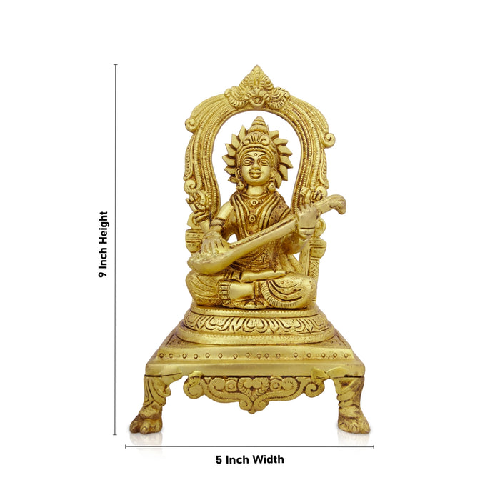 Saraswati Murti With Arch - 9 x 5 Inches | Antique Brass Idol/ Saraswati Idol Sittting On Chowki for Pooja/ 2.200 Kgs - Brass Murties