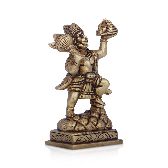 Anjaneya Statue With Sanjeevani - 4 x 3 Inches | Antique Brass Idol/ Standing Hanuman Statue for Pooja/ 530 Gms - Brass Murties