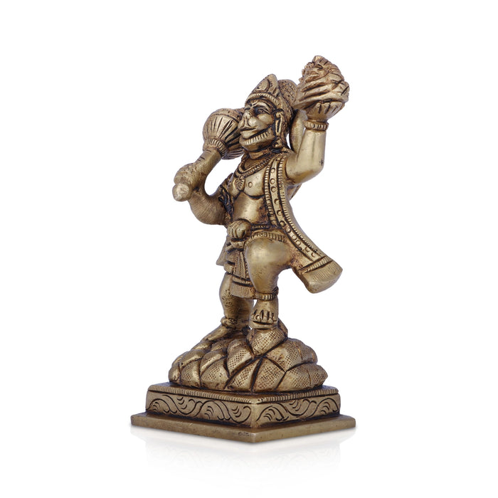 Anjaneya Statue With Sanjeevani - 4 x 3 Inches | Antique Brass Idol/ Standing Hanuman Statue for Pooja/ 530 Gms - Brass Murties