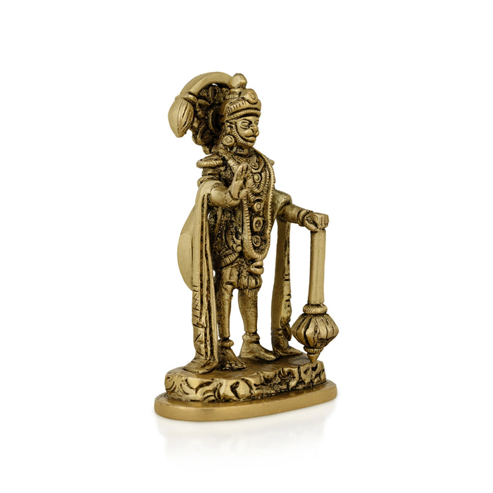 Anjaneya Statue Standing On Base - 3.5 X 1 Inches | Antique Brass Idol/ Hanuman Statue For Divine Blessings - Brass Murties
