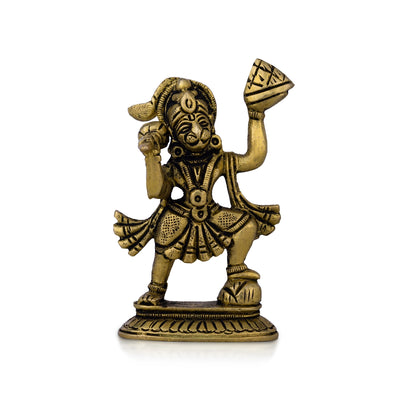 Anjaneya Statue Carrying Sanjeevani - 3.5 X 2 Inches | Antique Brass Idol/ Standing Hanuman Statue For Worship