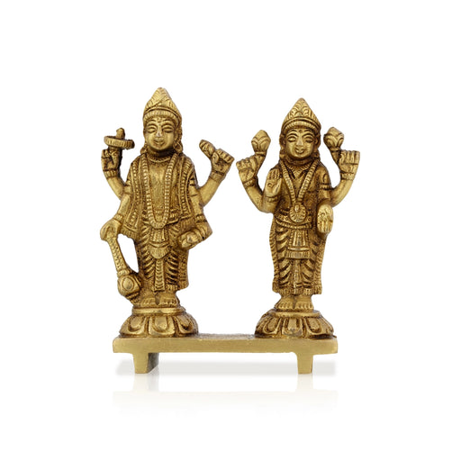Vishnu Lakshmi Standing In Chowki Murti - 4 x 3 Inches | Brass Idol / Vishnu Laxmi Statue For Home & Pooja - Brass Murties