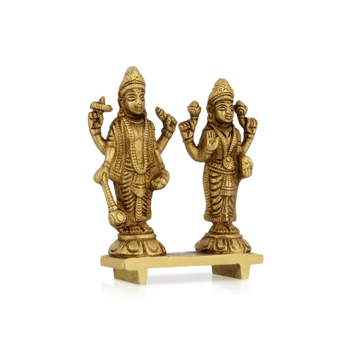 Vishnu Lakshmi Standing In Chowki Murti - 4 x 3 Inches | Brass Idol / Vishnu Laxmi Statue For Home & Pooja - Brass Murties