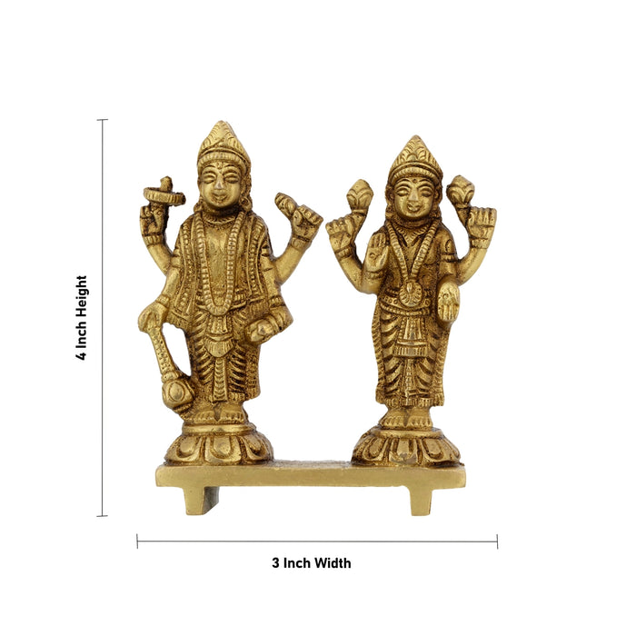 Vishnu Lakshmi Standing In Chowki Murti - 4 x 3 Inches | Brass Idol / Vishnu Laxmi Statue For Home & Pooja - Brass Murties