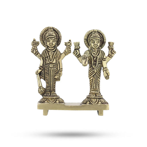 Vishnu Lakshmi Idol Standing On Base- 3.5 X 3.5 Inches | Antique Brass Idol/ Laxmi Vishnu Murti For Home Pooja - Brass Murties