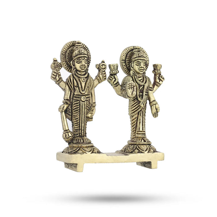 Vishnu Lakshmi Idol Standing On Base- 3.5 X 3.5 Inches | Antique Brass Idol/ Laxmi Vishnu Murti For Home Pooja - Brass Murties