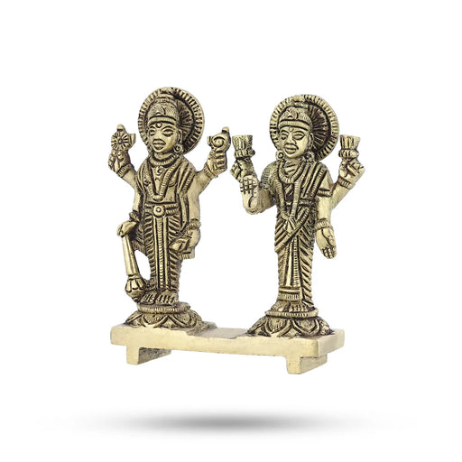 Vishnu Lakshmi Idol Standing On Base- 3.5 X 3.5 Inches | Antique Brass Idol/ Laxmi Vishnu Murti For Home Pooja - Brass Murties