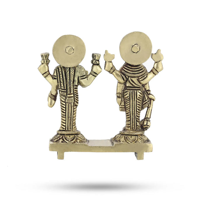 Vishnu Lakshmi Idol Standing On Base- 3.5 X 3.5 Inches | Antique Brass Idol/ Laxmi Vishnu Murti For Home Pooja - Brass Murties